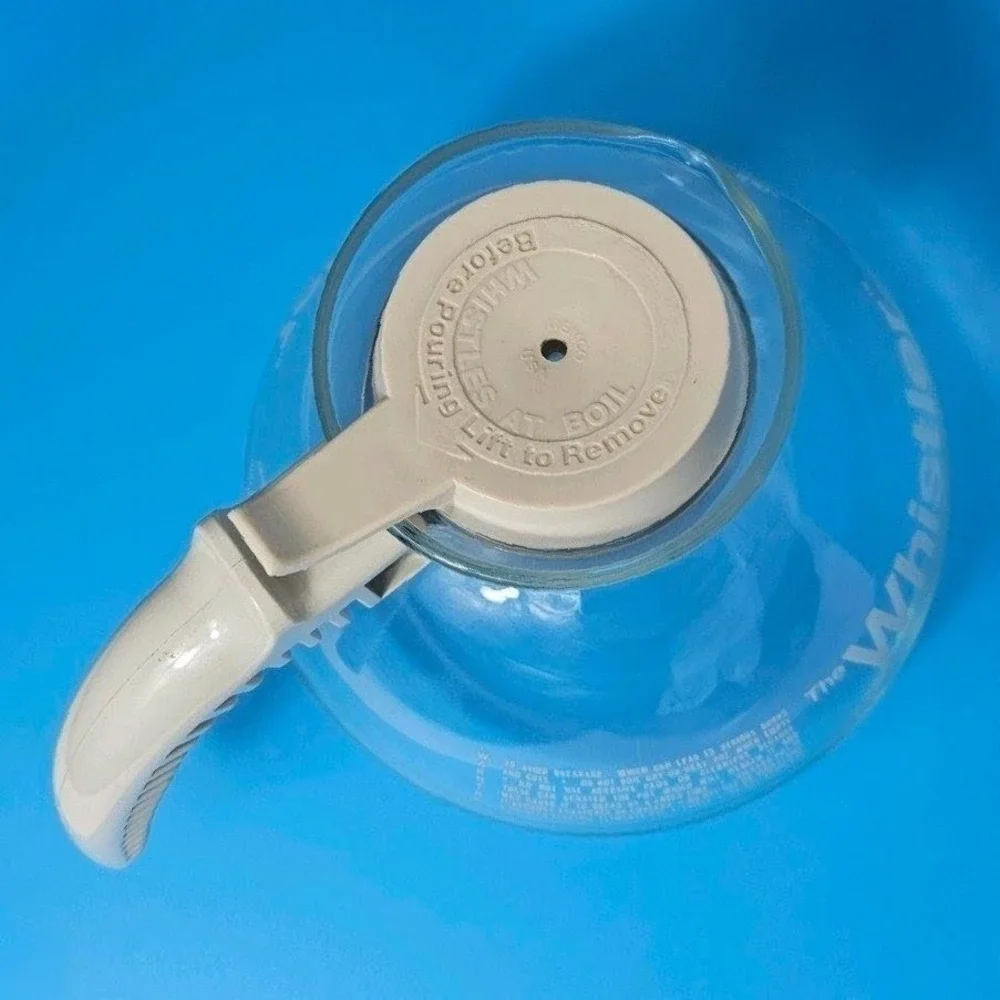 Vintage Gemco The Whistler 8 Cup Glass Tea Kettle White Handle K-16